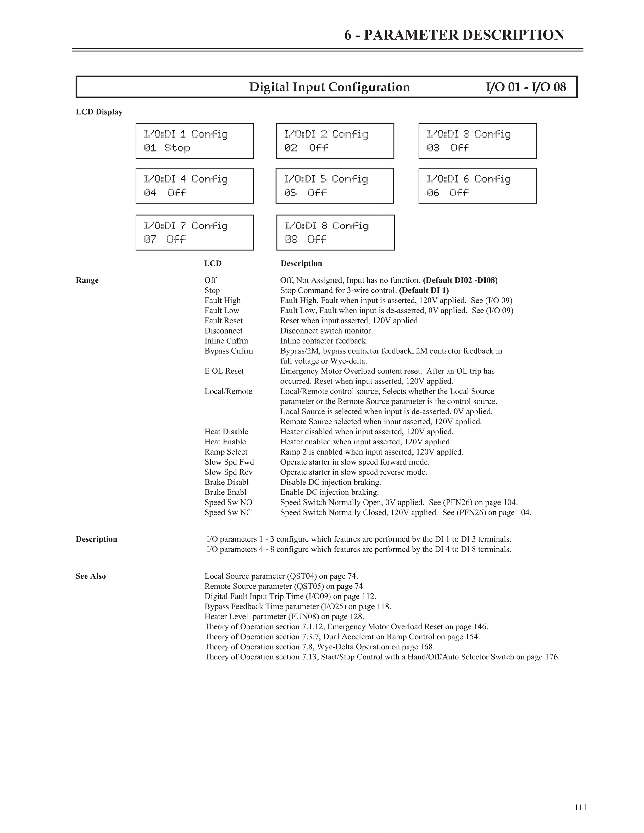 Digital Input Configuration I/O 01 - I/O 08
LCD Display
LCD Description
Range Off Off, Not Assigned, Input has no function. (Default DI02 -DI08)
Stop Stop Command for 3-wire control. (Default DI 1)
Fault High Fault High, Fault when input is asserted, 120V applied. See (I/O 09)
Fault Low Fault Low, Fault when input is de-asserted, 0V applied. See (I/O 09)
Fault Reset Reset when input asserted, 120V applied.
Disconnect Disconnect switch monitor.
Inline Cnfrm Inline contactor feedback.
Bypass Cnfrm Bypass/2M, bypass contactor feedback, 2M contactor feedback in
full voltage or Wye-delta.
E OL Reset Emergency Motor Overload content reset. After an OL trip has
occurred. Reset when input asserted, 120V applied.
Local/Remote Local/Remote control source, Selects whether the Local Source
parameter or the Remote Source parameter is the control source.
Local Source is selected when input is de-asserted, 0V applied.
Remote Source selected when input asserted, 120V applied.
Heat Disable Heater disabled when input asserted, 120V applied.
Heat Enable Heater enabled when input asserted, 120V applied.
Ramp Select Ramp 2 is enabled when input asserted, 120V applied.
Slow Spd Fwd Operate starter in slow speed forward mode.
Slow Spd Rev Operate starter in slow speed reverse mode.
Brake Disabl Disable DC injection braking.
Brake Enabl Enable DC injection braking.
Speed Sw NO Speed Switch Normally Open, 0V applied. See (PFN26) on page 104.
Speed Sw NC Speed Switch Normally Closed, 120V applied. See (PFN26) on page 104.
Description I/O parameters 1 - 3 configure which features are performed by the DI 1 to DI 3 terminals.
I/O parameters 4 - 8 configure which features are performed by the DI 4 to DI 8 terminals.
See Also Local Source parameter (QST04) on page 74.
Remote Source parameter (QST05) on page 74.
Digital Fault Input Trip Time (I/O09) on page 112.
Bypass Feedback Time parameter (I/O25) on page 118.
Heater Level parameter (FUN08) on page 128.
Theory of Operation section 7.1.12, Emergency Motor Overload Reset on page 146.
Theory of Operation section 7.3.7, Dual Acceleration Ramp Control on page 154.
Theory of Operation section 7.8, Wye-Delta Operation on page 168.
Theory of Operation section 7.13, Start/Stop Control with a Hand/Off/Auto Selector Switch on page 176.
111
6 - PARAMETER DESCRIPTION
I/O:DI 8 Config
08 Off
I/O:DI 4 Config
04 Off
I/O:DI 5 Config
05 Off
I/O:DI 6 Config
06 Off
I/O:DI 1 Config
01 Stop
I/O:DI 2 Config
02 Off
I/O:DI 3 Config
03 Off
I/O:DI 7 Config
07 Off
 