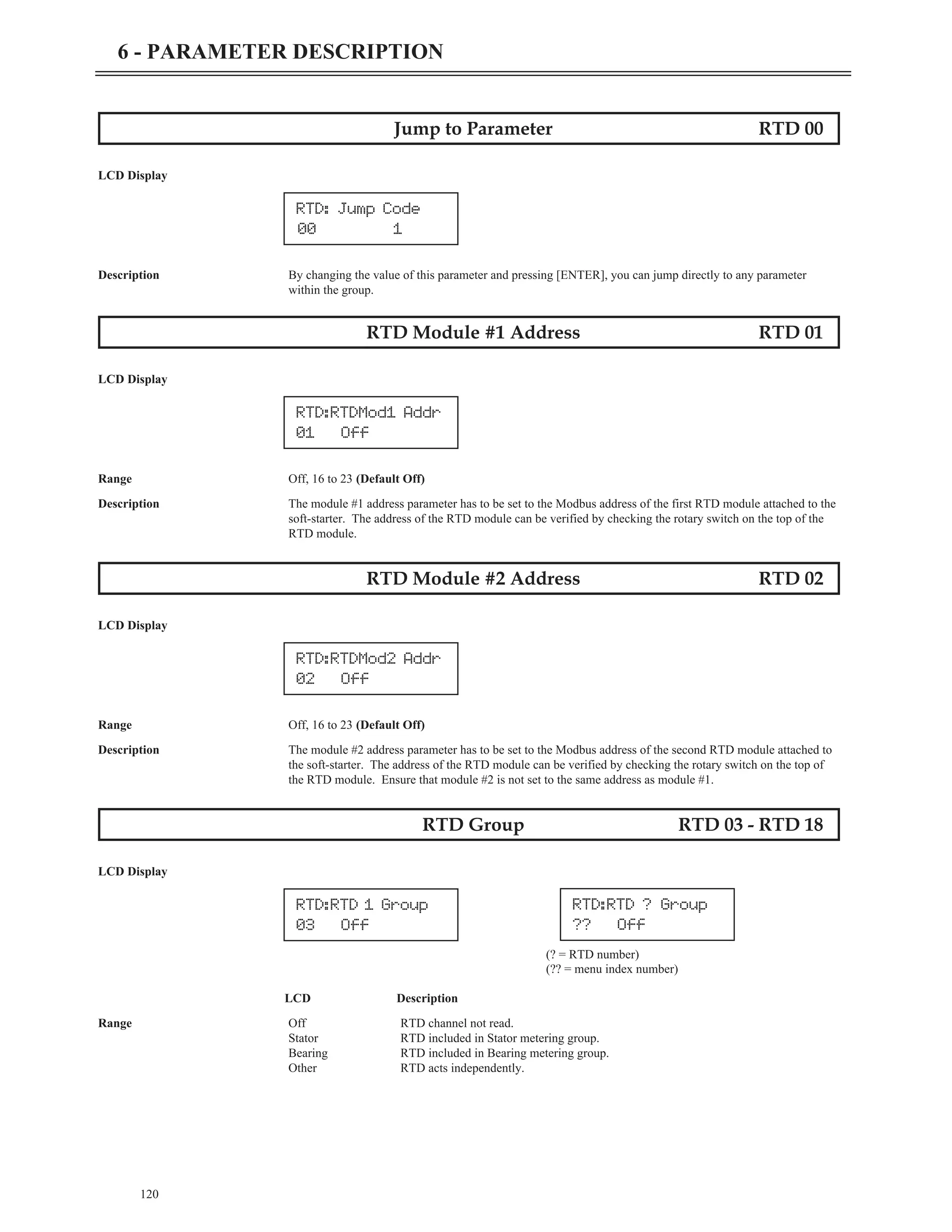 120
6 - PARAMETER DESCRIPTION
Jump to Parameter RTD 00
LCD Display
Description By changing the value of this parameter and pressing [ENTER], you can jump directly to any parameter
within the group.
RTD Module #1 Address RTD 01
LCD Display
Range Off, 16 to 23 (Default Off)
Description The module #1 address parameter has to be set to the Modbus address of the first RTD module attached to the
soft-starter. The address of the RTD module can be verified by checking the rotary switch on the top of the
RTD module.
RTD Module #2 Address RTD 02
LCD Display
Range Off, 16 to 23 (Default Off)
Description The module #2 address parameter has to be set to the Modbus address of the second RTD module attached to
the soft-starter. The address of the RTD module can be verified by checking the rotary switch on the top of
the RTD module. Ensure that module #2 is not set to the same address as module #1.
RTD Group RTD 03 - RTD 18
LCD Display
(? = RTD number)
(?? = menu index number)
LCD Description
Range Off RTD channel not read.
Stator RTD included in Stator metering group.
Bearing RTD included in Bearing metering group.
Other RTD acts independently.
RTD:RTDMod1 Addr
01 Off
RTD:RTDMod2 Addr
02 Off
RTD:RTD 1 Group
03 Off
RTD:RTD ? Group
?? Off
RTD: Jump Code
00 1
 