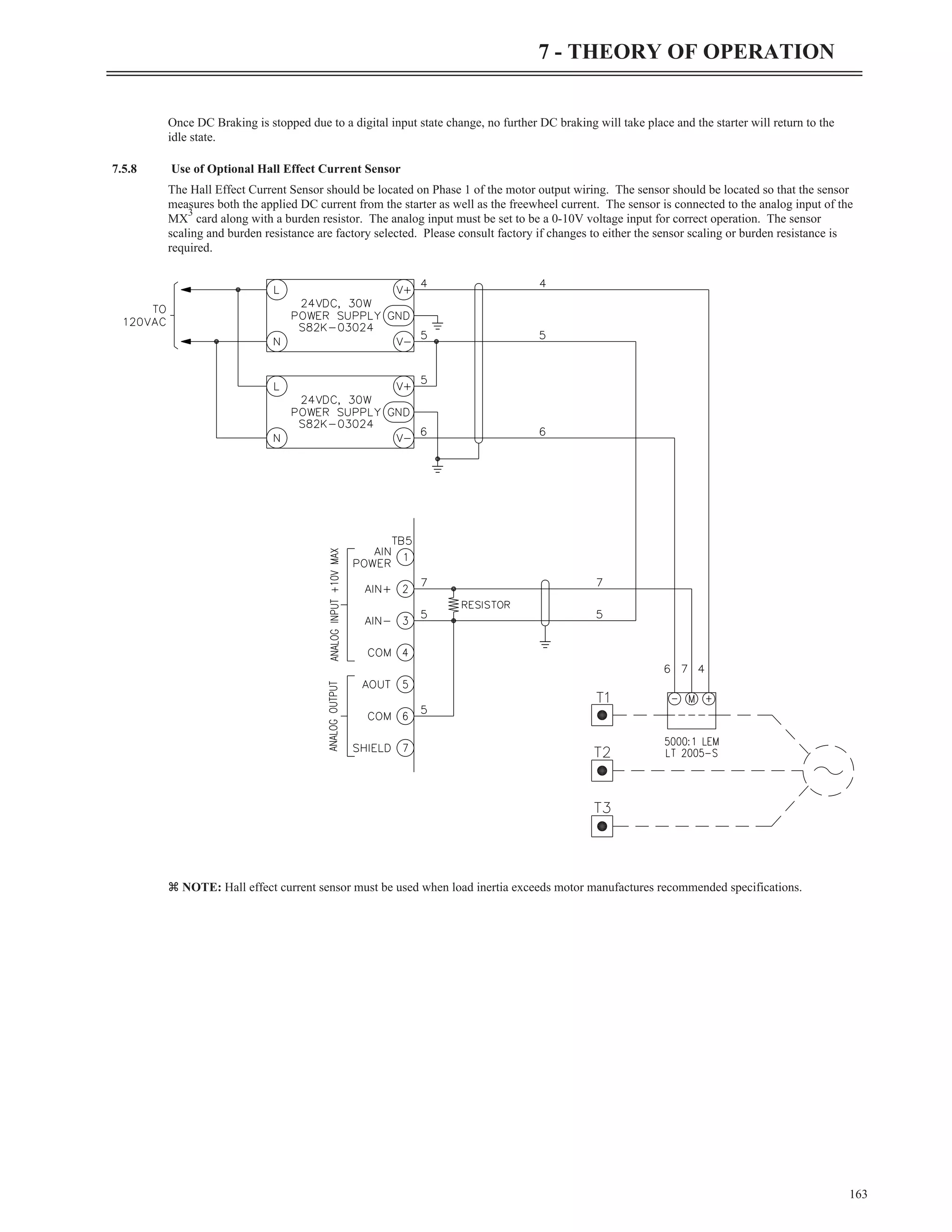 Once DC Braking is stopped due to a digital input state change, no further DC braking will take place and the starter will return to the
idle state.
7.5.8 Use of Optional Hall Effect Current Sensor
The Hall Effect Current Sensor should be located on Phase 1 of the motor output wiring. The sensor should be located so that the sensor
measures both the applied DC current from the starter as well as the freewheel current. The sensor is connected to the analog input of the
MX
3
card along with a burden resistor. The analog input must be set to be a 0-10V voltage input for correct operation. The sensor
scaling and burden resistance are factory selected. Please consult factory if changes to either the sensor scaling or burden resistance is
required.
z NOTE: Hall effect current sensor must be used when load inertia exceeds motor manufactures recommended specifications.
163
7 - THEORY OF OPERATION
 