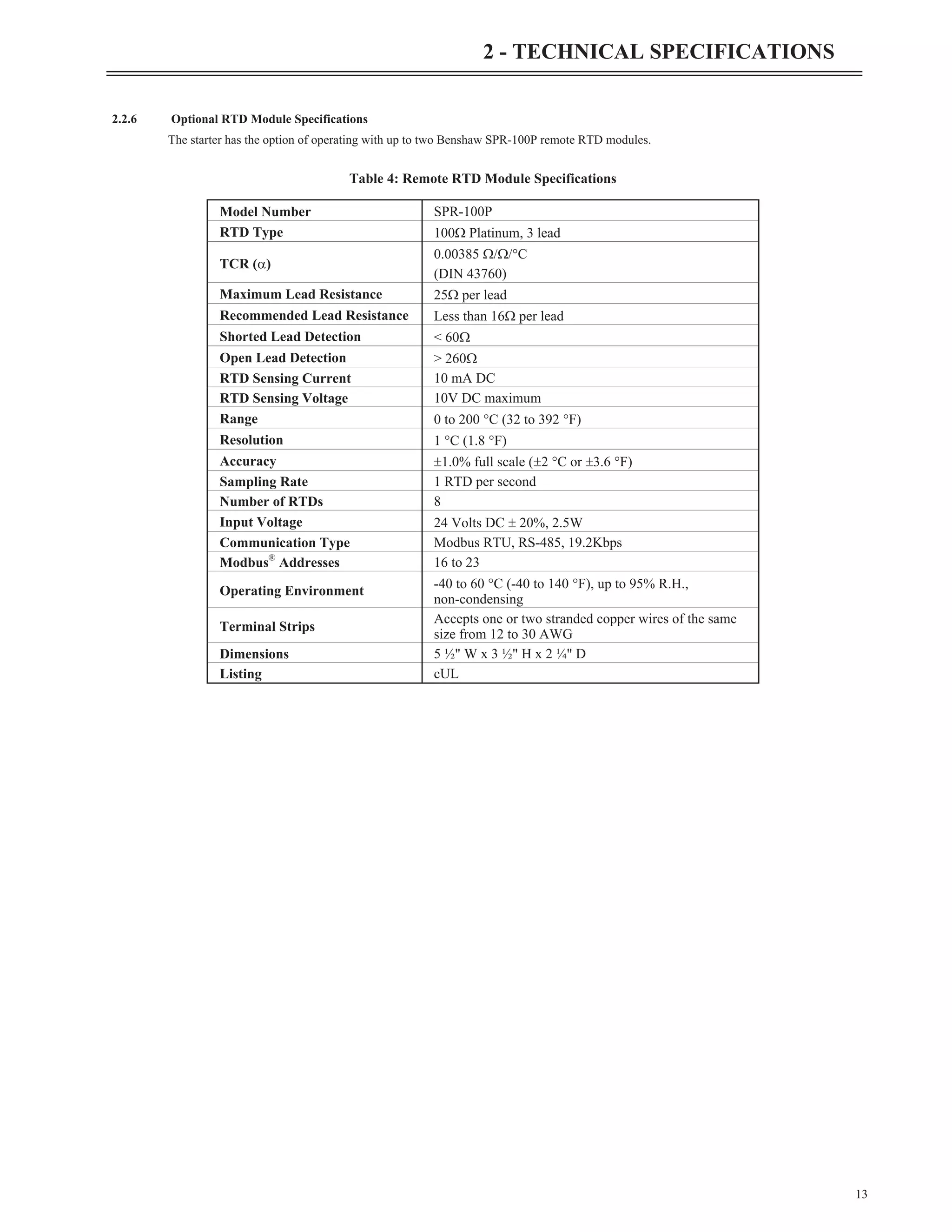 2.2.6 Optional RTD Module Specifications
The starter has the option of operating with up to two Benshaw SPR-100P remote RTD modules.
13
2 - TECHNICAL SPECIFICATIONS
Model Number SPR-100P
RTD Type 100W Platinum, 3 lead
TCR (a)
0.00385 W/W/°C
(DIN 43760)
Maximum Lead Resistance 25W per lead
Recommended Lead Resistance Less than 16W per lead
Shorted Lead Detection < 60W
Open Lead Detection > 260W
RTD Sensing Current 10 mA DC
RTD Sensing Voltage 10V DC maximum
Range 0 to 200 °C (32 to 392 °F)
Resolution 1 °C (1.8 °F)
Accuracy ±1.0% full scale (±2 °C or ±3.6 °F)
Sampling Rate 1 RTD per second
Number of RTDs 8
Input Voltage 24 Volts DC ± 20%, 2.5W
Communication Type Modbus RTU, RS-485, 19.2Kbps
Modbus®
Addresses 16 to 23
Operating Environment
-40 to 60 °C (-40 to 140 °F), up to 95% R.H.,
non-condensing
Terminal Strips
Accepts one or two stranded copper wires of the same
size from 12 to 30 AWG
Dimensions 5 ½" W x 3 ½" H x 2 ¼" D
Listing cUL
Table 4: Remote RTD Module Specifications
 