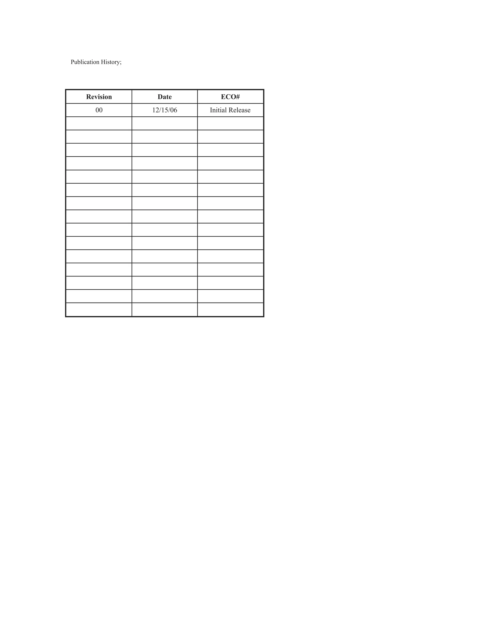 Publication History;
Revision Date ECO#
00 12/15/06 Initial Release
 