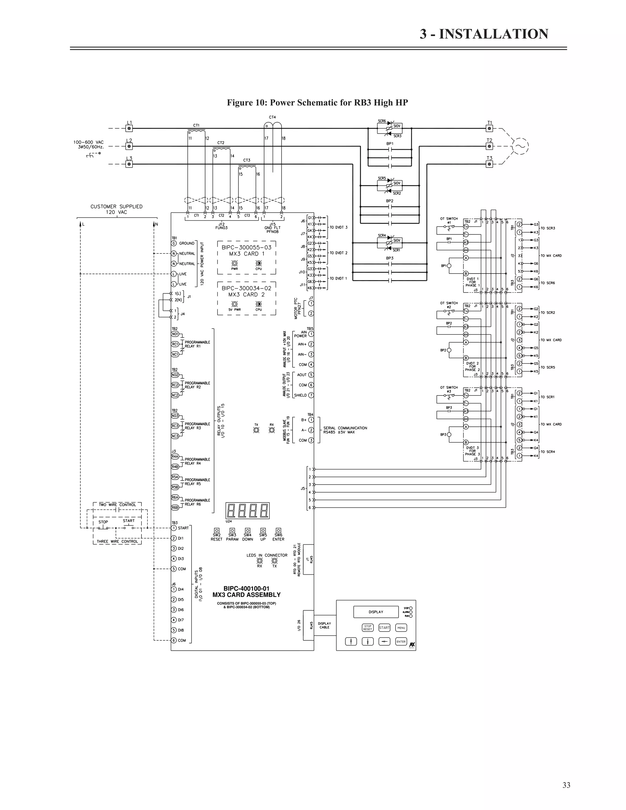 33
3 - INSTALLATION
START
Starters
stop
reset
enter
menu
MX3 CARD ASSEMBLY
BIPC-400100-01
& BIPC-300034-02 (BOTTOM)
CONSISTS OF BIPC-300055-03 (TOP)
Figure 10: Power Schematic for RB3 High HP
 