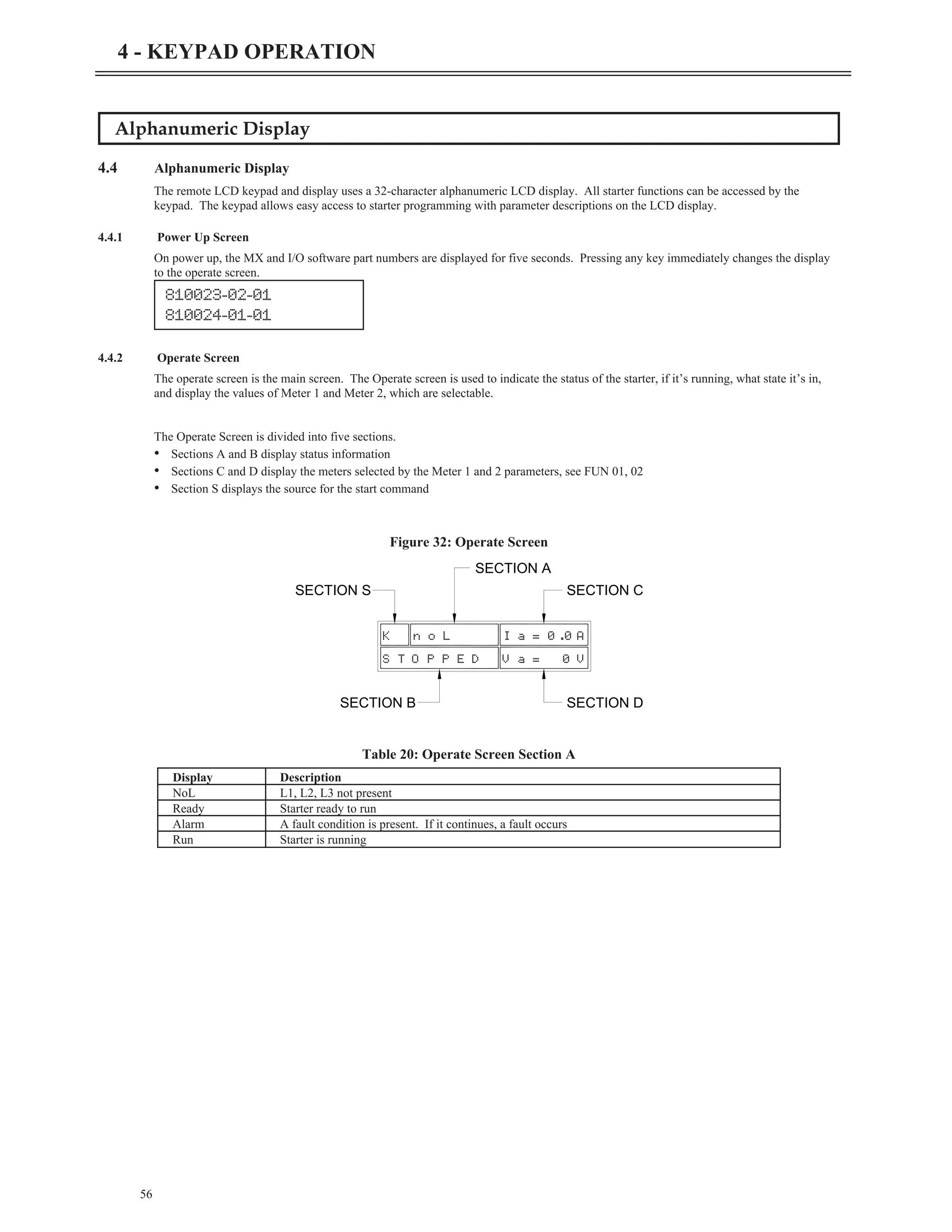 Alphanumeric Display
4.4 Alphanumeric Display
The remote LCD keypad and display uses a 32-character alphanumeric LCD display. All starter functions can be accessed by the
keypad. The keypad allows easy access to starter programming with parameter descriptions on the LCD display.
4.4.1 Power Up Screen
On power up, the MX and I/O software part numbers are displayed for five seconds. Pressing any key immediately changes the display
to the operate screen.
4.4.2 Operate Screen
The operate screen is the main screen. The Operate screen is used to indicate the status of the starter, if it’s running, what state it’s in,
and display the values of Meter 1 and Meter 2, which are selectable.
The Operate Screen is divided into five sections.
• Sections A and B display status information
• Sections C and D display the meters selected by the Meter 1 and 2 parameters, see FUN 01, 02
• Section S displays the source for the start command
56
4 - KEYPAD OPERATION
810023-02-01
810024-01-01
K
S T
n
O
o
P
L
P E D
I
V
a
a
=
=
0 .0
0
A
V
SECTION S SECTION C
SECTION B SECTION D
SECTION A
Figure 32: Operate Screen
Display Description
NoL L1, L2, L3 not present
Ready Starter ready to run
Alarm A fault condition is present. If it continues, a fault occurs
Run Starter is running
Table 20: Operate Screen Section A
 