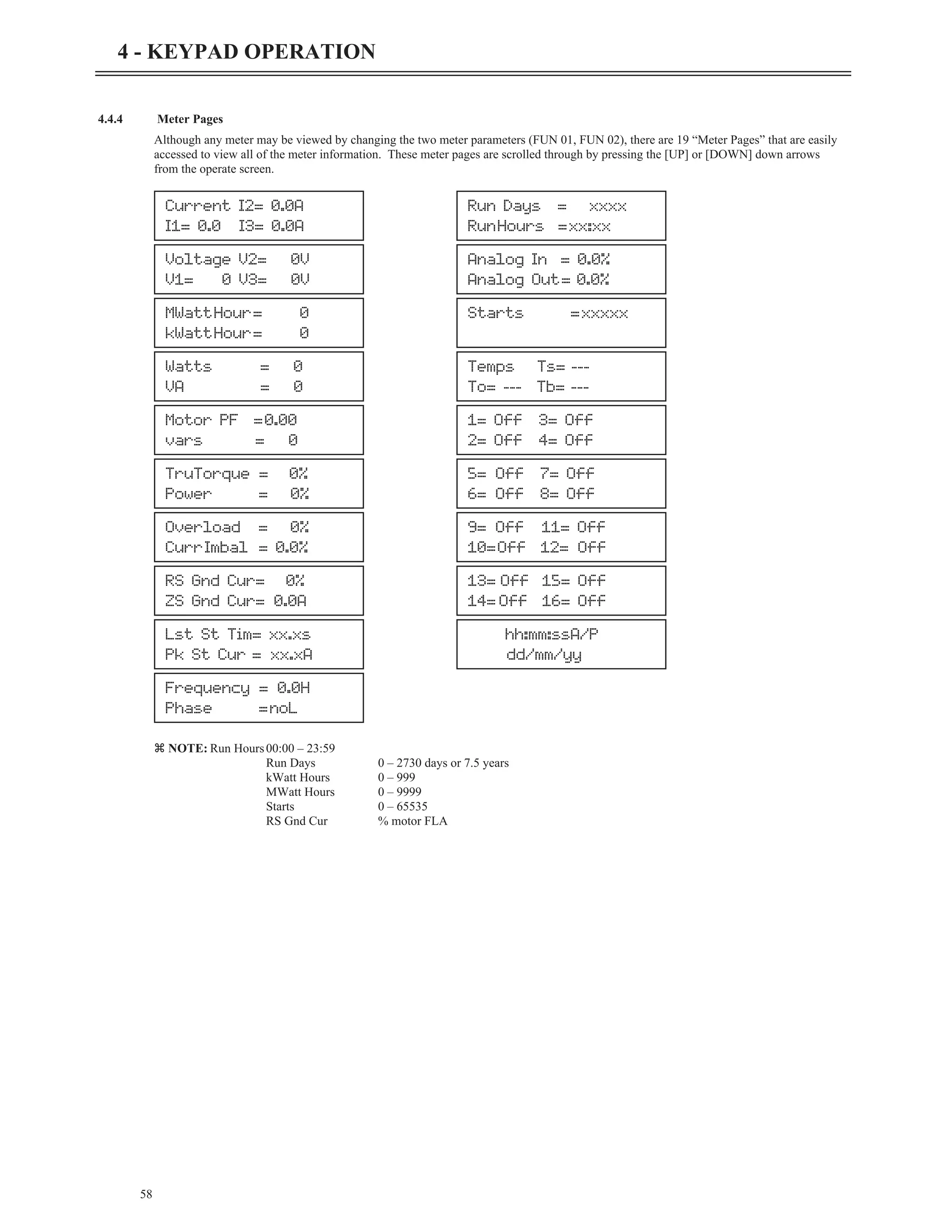 4.4.4 Meter Pages
Although any meter may be viewed by changing the two meter parameters (FUN 01, FUN 02), there are 19 “Meter Pages” that are easily
accessed to view all of the meter information. These meter pages are scrolled through by pressing the [UP] or [DOWN] down arrows
from the operate screen.
z NOTE: Run Hours00:00 – 23:59
Run Days 0 – 2730 days or 7.5 years
kWatt Hours 0 – 999
MWatt Hours 0 – 9999
Starts 0 – 65535
RS Gnd Cur % motor FLA
58
4 - KEYPAD OPERATION
Current I2= 0.0A
I1= 0.0 I3= 0.0A
Run Days = xxxx
RunHours =xx:xx
Voltage V2= 0V
V1= 0 V3= 0V
Analog In = 0.0%
Analog Out= 0.0%
MWattHour= 0
kWattHour= 0
Starts =xxxxx
Watts = 0
VA = 0
Temps Ts= ---
To= --- Tb= ---
Motor PF =0.00
vars = 0
1= Off 3= Off
2= Off 4= Off
TruTorque = 0%
Power = 0%
5= Off 7= Off
6= Off 8= Off
Overload = 0%
CurrImbal = 0.0%
9= Off 11= Off
10=Off 12= Off
RS Gnd Cur= 0%
ZS Gnd Cur= 0.0A
13= Off 15= Off
14= Off 16= Off
Lst St Tim= xx.xs
Pk St Cur = xx.xA
hh:mm:ssA/P
dd/mm/yy
Frequency = 0.0H
Phase =noL
 