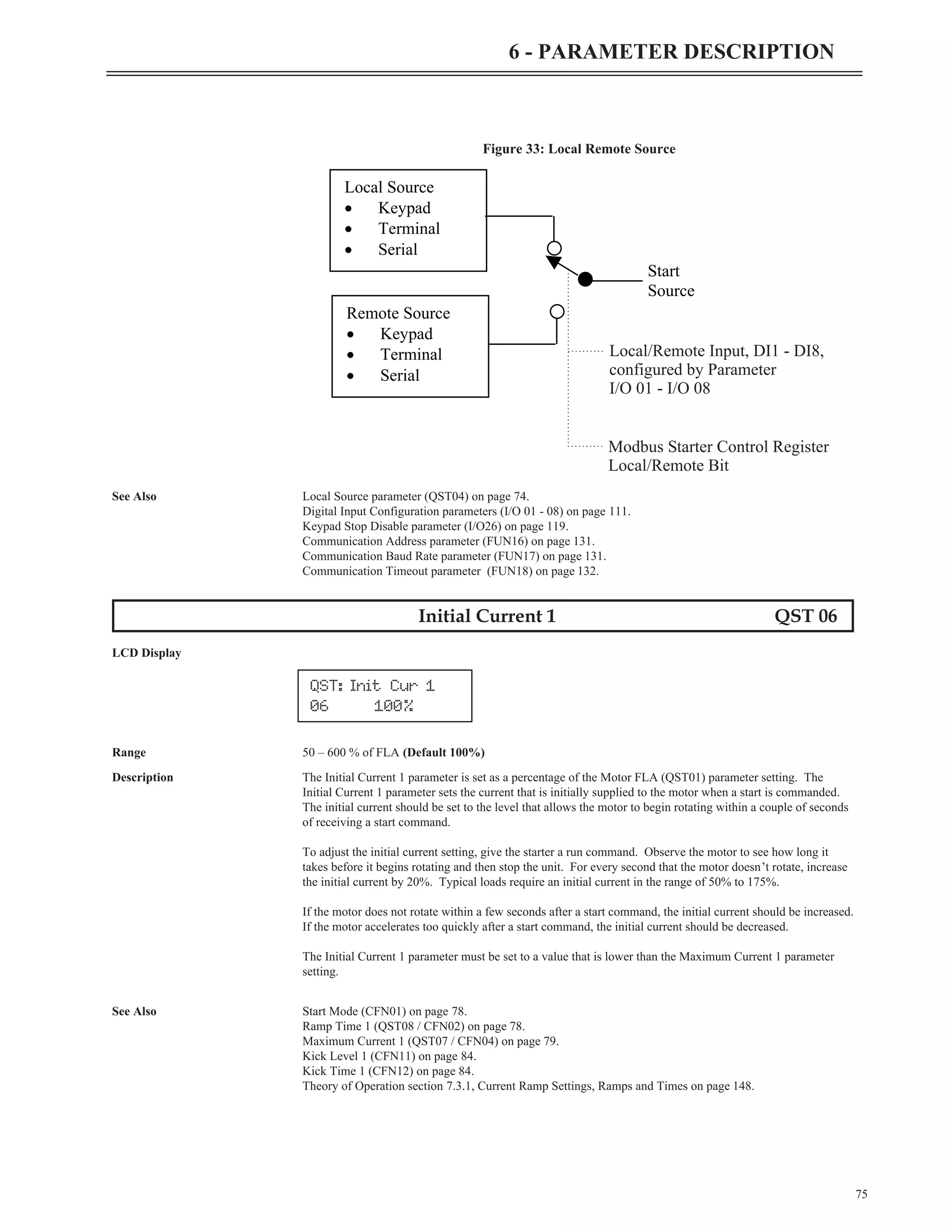 See Also Local Source parameter (QST04) on page 74.
Digital Input Configuration parameters (I/O 01 - 08) on page 111.
Keypad Stop Disable parameter (I/O26) on page 119.
Communication Address parameter (FUN16) on page 131.
Communication Baud Rate parameter (FUN17) on page 131.
Communication Timeout parameter (FUN18) on page 132.
Initial Current 1 QST 06
LCD Display
Range 50 – 600 % of FLA (Default 100%)
Description The Initial Current 1 parameter is set as a percentage of the Motor FLA (QST01) parameter setting. The
Initial Current 1 parameter sets the current that is initially supplied to the motor when a start is commanded.
The initial current should be set to the level that allows the motor to begin rotating within a couple of seconds
of receiving a start command.
To adjust the initial current setting, give the starter a run command. Observe the motor to see how long it
takes before it begins rotating and then stop the unit. For every second that the motor doesn’t rotate, increase
the initial current by 20%. Typical loads require an initial current in the range of 50% to 175%.
If the motor does not rotate within a few seconds after a start command, the initial current should be increased.
If the motor accelerates too quickly after a start command, the initial current should be decreased.
The Initial Current 1 parameter must be set to a value that is lower than the Maximum Current 1 parameter
setting.
See Also Start Mode (CFN01) on page 78.
Ramp Time 1 (QST08 / CFN02) on page 78.
Maximum Current 1 (QST07 / CFN04) on page 79.
Kick Level 1 (CFN11) on page 84.
Kick Time 1 (CFN12) on page 84.
Theory of Operation section 7.3.1, Current Ramp Settings, Ramps and Times on page 148.
75
6 - PARAMETER DESCRIPTION
Local Source
· Keypad
Modbus Starter Control Register
Local/Remote Bit
Local/Remote Input, DI1 - DI8,
configured by Parameter
I/O 01 - I/O 08
Figure 33: Local Remote Source
QST: Init Cur 1
06 100%
 