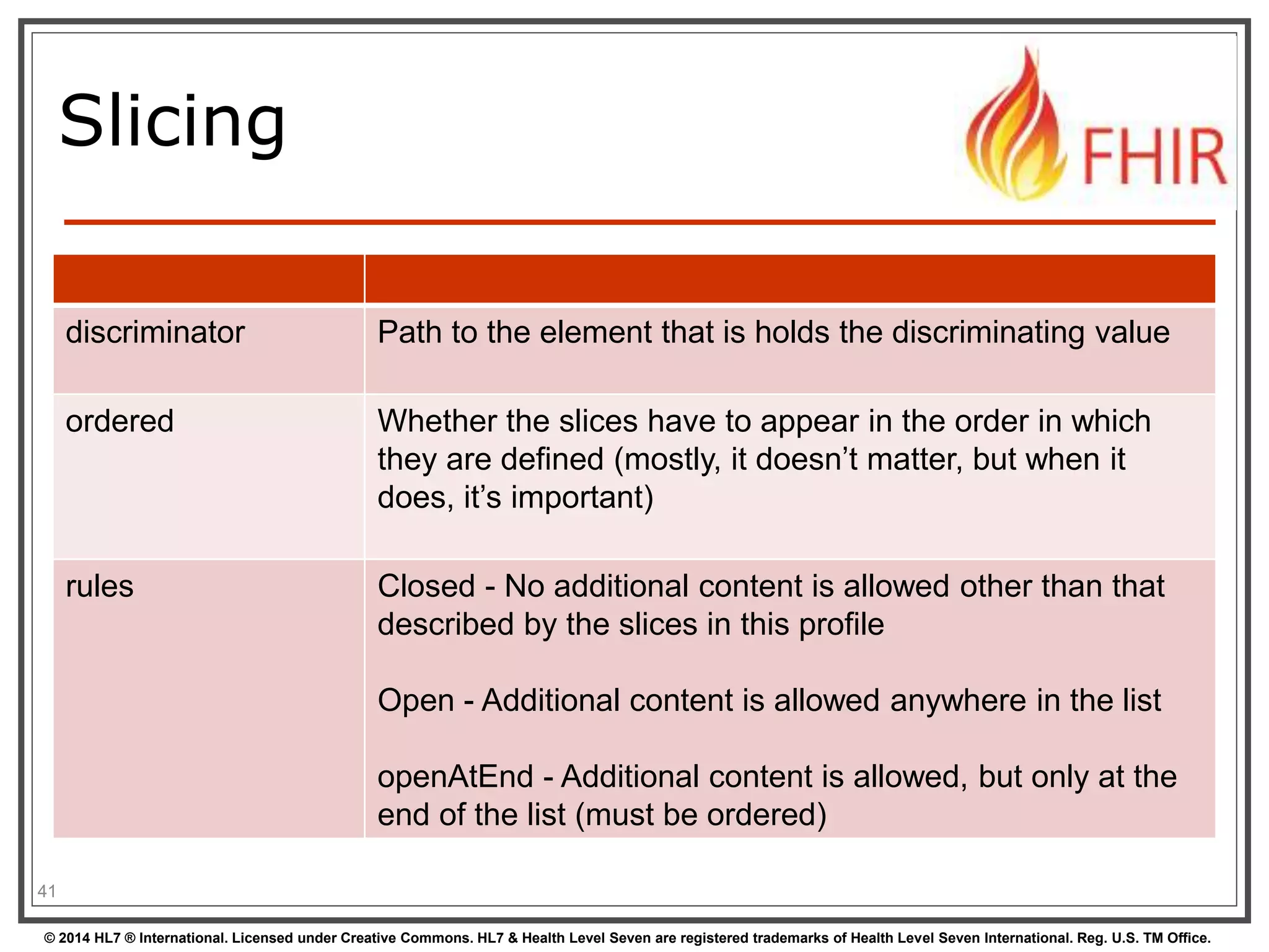 Slicing 
discriminator Path to the element that is holds the discriminating value 
ordered Whether the slices have to appear in the order in which 
they are defined (mostly, it doesn’t matter, but when it 
does, it’s important) 
rules Closed - No additional content is allowed other than that 
described by the slices in this profile 
Open - Additional content is allowed anywhere in the list 
openAtEnd - Additional content is allowed, but only at the 
end of the list (must be ordered) 
41 
© 2014 HL7 ® International. Licensed under Creative Commons. HL7 & Health Level Seven are registered trademarks of Health Level Seven International. Reg. U.S. TM Office. 
 