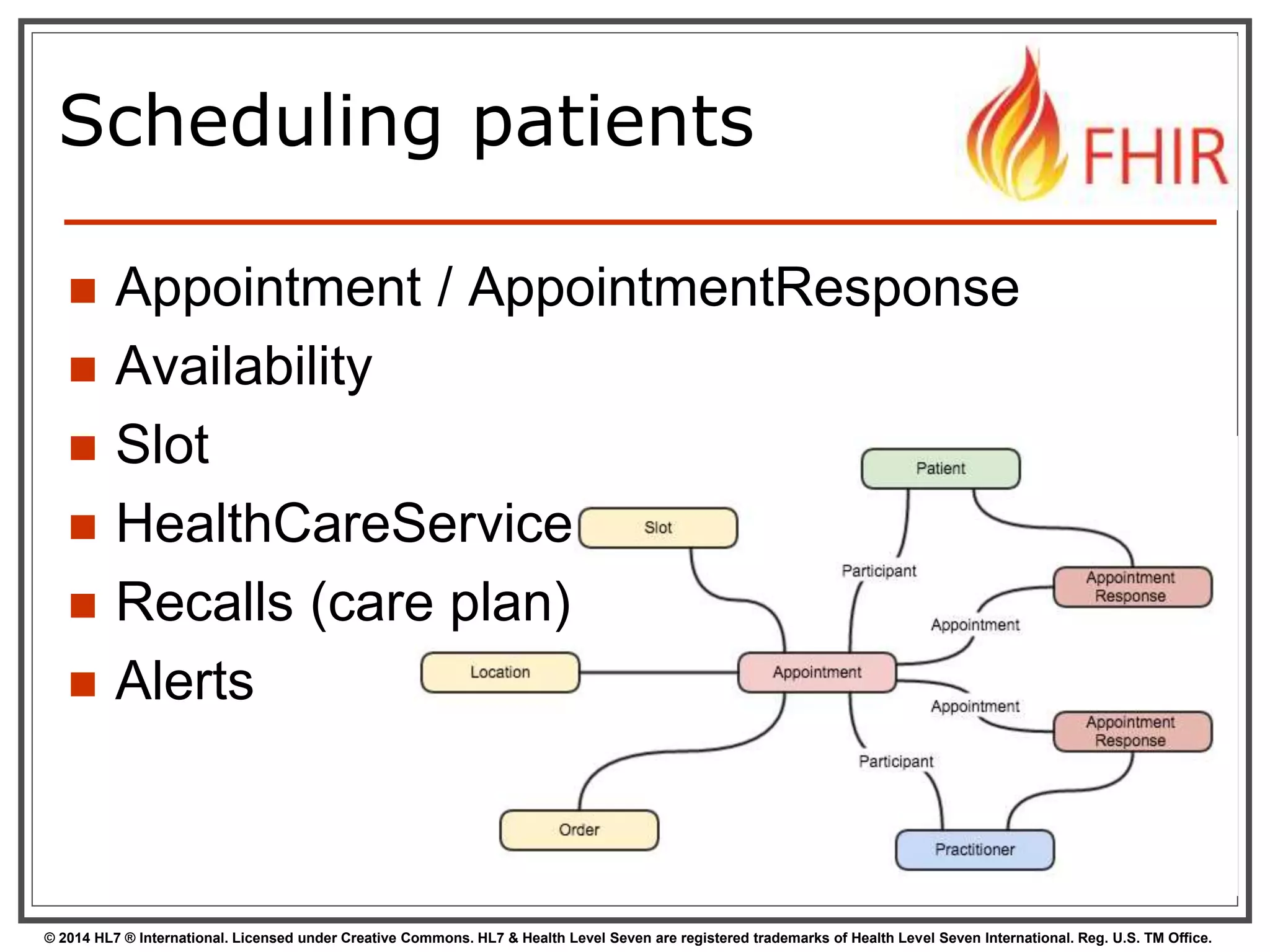Scheduling patients 
 Appointment / AppointmentResponse 
 Availability 
 Slot 
 HealthCareService 
 Recalls (care plan) 
 Alerts 
© 2014 HL7 ® International. Licensed under Creative Commons. HL7 & Health Level Seven are registered trademarks of Health Level Seven International. Reg. U.S. TM Office. 
 