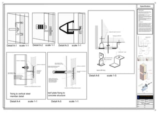 Compression void & drainage pathway as required
clear space for
compression
min . 3mm
(normally)
continuous or isolated kerf
polyester resin filler used to
locate panel & kerfs filled with
flexible adhesive to allow
minor movement between
fixing & stone (soft joint)
stone rebated for fixing
(either continuous or local)
continuous or isolated kerf
fixing to vertical steel
member detail
Compression void & drainage pathway as required
clear space for compression min . 3mm
(normally)
continuous or isolated kerf
stone rebated for fixing
(either continuous or local)
stainless steel all thread full strength
welded to stainless steel plate
polyester resin filler used to
locate panel & kerfs filled with
flexible adhesive to allow
minor movement between
fixing & stone (soft joint)
kerf plate fixing to
concrete structure
continuous or isolated kerf
stainless steel Z - angel
stainless steel plate twisted
and
welded to dropping plate
hanging front support one each end
typical soffit fixing
Specification
Detail A-1 scale 1-1 Detail A-2 scale 1-1 Detail A-3 scale 1-1
Detail A-4 scale 1-1 Detail A-5 scale 1-1
Detail A-6 scale 1-5
Cladding Installation
Before installation of any stone cladding to either the
interior or the exterior of a project a number of design
considerations must be taken into account.
The physical properties/characteristics of the stone, as
provided by the supplier
Design loads and safety factors for the cladding
Expected wind loads on the exterior building - calculated
from AS1170.2, or for small structures, calculated from
AS1288 Appendix D.
Possible dimensional changes to the building due to
wind-load sway, thermal expansion/contraction, seismic
movement, creep and shrinkage.
Height above the ground at which the panel is to be
affixed.
Panel Dimensions
The selection of an appropriate panel size and thickness
(as mentioned above) is dependent on a number of
critical factors that must be considered prior to final
specification. It should also be kept in mind that there are
restrictions to panel sizes based on limitations of
processing equipment size of quarried material and the
type and size of fixing and anchoring system employed.
As a general rule however "continuously supported hard
stone panels (granite, marble, travertine?) below 3.7m
above ground level should be at ,east 20mm thick, and
soft stones (limestone, sandstone) 50mm thick. When
more than 3.7m above ground level hard stone should be
at least 40mm thick and soft stones 75mm thick."
Drawn by: Approved BY:
Prepared by: Revised BY:
Eng. Nelly Hany
Project:
Sheet no.
Scale:
Multi
A-01
Prof.Dr. Ehab Ezzat
Eng. Nelly Hany Prof.Dr. Ehab Ezzat
WALL CLADDING (MARBLE)
 