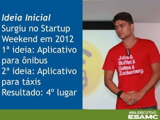 Ideia Inicial
Surgiu no Startup
Weekend em 2012
1ª ideia: Aplicativo
para ônibus
2ª ideia: Aplicativo
para táxis
Resultado: 4º lugar
 