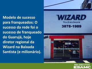Modelo de sucesso
para franqueados: O
sucesso da rede foi o
sucesso de franqueado
do Guarujá, hoje
diretor regional da
Wizard na Baixada
Santista (e milionário).
 