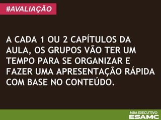 A CADA 1 OU 2 CAPÍTULOS DA
AULA, OS GRUPOS VÃO TER UM
TEMPO PARA SE ORGANIZAR E
FAZER UMA APRESENTAÇÃO RÁPIDA
COM BASE NO CONTEÚDO.
#AVALIAÇÃO
 