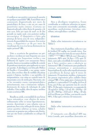 7Abordagem das Parasitoses Intestinais mais Prevalentes na Infância
Projeto Diretrizes
Associação Médica Brasileira e Conselho Federal de Medicina
Considera-se caso positivo a presença do parasita
em qualquer quantidade19
(B). Enterobíase não é
comumente diagnosticada por meio do
parasitológico de fezes, a não ser em casos de
parasitismo muito intenso. Costuma ser
diagnosticada pela coleta direta do parasita e de
seus ovos, feita por meio de swab ou de fita
gomada na região anal, com posterior análise
microscópica. O diagnóstico é feito pela
presença de larvas e/ou de ovos, independen-
temente da quantidade dos mesmos. Em muitos
casos, o diagnóstico se dá por meio da
visualização de ovos e/ou larvas diretamente na
região perianal23
(B).
Visto a ocorrência das parasitoses em pré-
escolares e escolares ser mais frequente nos casos
de crianças que frequentam creches e nas
habitantes de regiões com saneamento básico
precário, fazem-se necessárias medidas de controle
de parasitoses intestinais, principalmente no meio
em questão. A abordagem a ser feita pelo Médico
de Família e Comunidade e sua equipe, nestes
casos, deve envolver, além de medidas educativas
quanto à higiene, também o uso periódico de
antiparasitários, com vistas ao controle tanto de
transmissão como de reinfecções. Para tanto, não
se faz necessário exame coproparasitológico
rotineiramente, mas o tratamento indepen-
dentemente do status de infestação de cada
indivíduo. Esta medida, além de segura, também
é mais econômica2
(D).
Ressalta-se, ainda, a necessidade de uma futura
busca sistemática, com objetivo de maior
embasamento sobre os temas hipovitaminose,
anemia, desnutrição e suas relações com as
parasitoses, bem como utilização de vacina, dentre
outras questões relativas ao tema, achados
ocasionais na pesquisa que embasou esta diretriz,
mas que não foram considerados no enfoque da
mesma.
TRATAMENTO
Para a abordagem terapêutica, foram
consideradas as evidências referentes às parasi-
toses mais comumente encontradas: giardíase,
ascaridíase, ancilostomíase, tricuríase, ente-
robíase, estrongiloidíase e amebíase.
GIARDÍASE
Dados sobre tratamentos encontram-se na
Tabela 1.
Para o tratamento de giardíase, indica-se o uso
de tinidazol 50 mg/kg, em tomada única. Sua
indicação é decorrente tanto de sua maior eficácia
>90%6,12,29,41,44
(B) (> 98% de cura 7 dias após o
tratamento, 86% após 14 dias e 72% após 21
dias), como pela comodidade de tomada única (o
que é fator positivo para a aderência ao
tratamento)37
(B). O tratamento para giardíase de
crianças sintomáticas e assintomáticas
frequentadoras de creche reduz significativamente
a prevalência da doença após 6 meses de
tratamento. É importante, também, o tratamento
das pessoas responsáveis pelos cuidados destas
crianças48
(B). Outra opção para o tratamento da
giardíase é o metronidazol 7,5 mg/kg, de 8 em 8
horas, por 5 dias, que apresenta taxa de cura de
98%, 21 dias após o tratamento, ou suspensão de
25 mg/ml (< 10 kg – 7,5 ml; 10 – 19,9 kg – 15
ml; 20 – 29,9 kg – 22,5–ml; ≥ 30 kg – 30 ml),
de 8 em 8 horas, por 10 dias, com taxa de cura de
96%, 3 dias após o término do tratamento.
ASCARIDÍASE
Dados sobre tratamentos encontram-se na
Tabela 2.
O tratamento com albendazol 400 mg,
única tomada, para ascaridíase demonstra ser
 