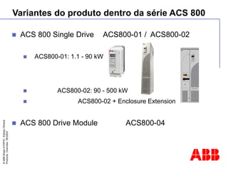 ©
ABB
Brasil
ATDP/D
-
Ediney
Oliveira
Products
Overview
05/2003
 ACS 800 Single Drive ACS800-01 / ACS800-02
 ACS800-01: 1.1 - 90 kW
 ACS800-02: 90 - 500 kW
 ACS800-02 + Enclosure Extension
 ACS 800 Drive Module ACS800-04
Variantes do produto dentro da série ACS 800
 