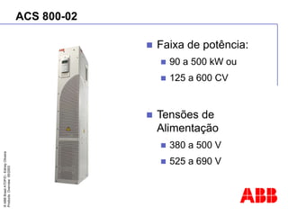 ©
ABB
Brasil
ATDP/D
-
Ediney
Oliveira
Products
Overview
05/2003
ACS 800-02
 Faixa de potência:
 90 a 500 kW ou
 125 a 600 CV
 Tensões de
Alimentação
 380 a 500 V
 525 a 690 V
 