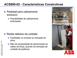 ©
ABB
Brasil
ATDP/D
-
Ediney
Oliveira
Products
Overview
05/2003
ACS800-02 - Características Construtivas
 Pedestal para cabeamento
exclusivo
 Possibilidade de cabeamento
antecipado
 Rodas debaixo da unidade
 Facilidade no encaixe ou remoção do
drive
 Não há necessidade de desconectar os
cabos de força, quando da remoção da
unidade de potência
 