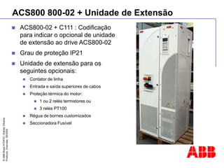 ©
ABB
Brasil
ATDP/D
-
Ediney
Oliveira
Products
Overview
05/2003
ACS800 800-02 + Unidade de Extensão
 ACS800-02 + C111 : Codificação
para indicar o opcional de unidade
de extensão ao drive ACS800-02
 Grau de proteção IP21
 Unidade de extensão para os
seguintes opcionais:
 Contator de linha
 Entrada e saída superiores de cabos
 Proteção térmica do motor:
 1 ou 2 relés termistores ou
 3 relés PT100
 Régua de bornes customizados
 Seccionadora Fusível
 
