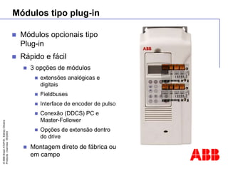©
ABB
Brasil
ATDP/D
-
Ediney
Oliveira
Products
Overview
05/2003
Módulos tipo plug-in
 Módulos opcionais tipo
Plug-in
 Rápido e fácil
 3 opções de módulos
 extensões analógicas e
digitais
 Fieldbuses
 Interface de encoder de pulso
 Conexão (DDCS) PC e
Master-Follower
 Opções de extensão dentro
do drive
 Montagem direto de fábrica ou
em campo
 