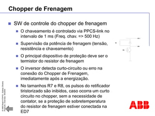 ©
ABB
Brasil
ATDP/D
-
Ediney
Oliveira
Products
Overview
05/2003
Chopper de Frenagem
 SW de controle do chopper de frenagem
 O chaveamento é controlado via PPCS-link no
intervalo de 1 ms (Freq. chav. => 500 Hz)
 Supervisão da potência de frenagem (tensão,
resistência e chaveamento)
 O principal dispositivo de proteção deve ser o
termistor do resistor de frenagem
 O inversor detecta curto-circuito ou erro na
conexão do Chopper de Frenagem,
imediatamente após a energização.
 No tamanhos R7 e R8, os pulsos do retificador
tiristorizado são inibidos, caso ocorra um curto
circuito no chopper, sem a necessidade de
contator, se a proteção de sobretemperatura
do resistor de frenagem estiver conectada na
ED7
UDC+
GBL
BR2
BR
 