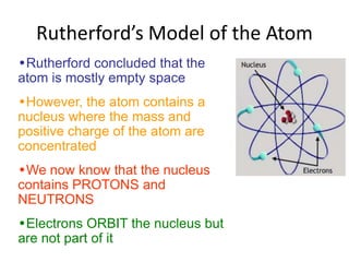 Rutherford’s Model of the Atom
•Rutherford concluded that the
atom is mostly empty space
•However, the atom contains a
nucleus where the mass and
positive charge of the atom are
concentrated
•We now know that the nucleus
contains PROTONS and
NEUTRONS
•Electrons ORBIT the nucleus but
are not part of it
 