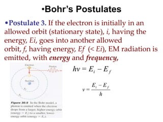 •Bohr’s Postulates
•Postulate 3. If the electron is initially in an
allowed orbit (stationary state), i, having the
energy, Ei, goes into another allowed
orbit, f, having energy, Ef (< Ei), EM radiation is
emitted, with energy and frequency,
                      hν = Ei          Ef

                              Ei       Ef
                         ν=
                                   h
 
