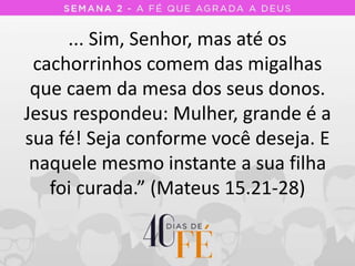 ... Sim, Senhor, mas até os
cachorrinhos comem das migalhas
que caem da mesa dos seus donos.
Jesus respondeu: Mulher, grande é a
sua fé! Seja conforme você deseja. E
naquele mesmo instante a sua filha
foi curada.” (Mateus 15.21-28)
 