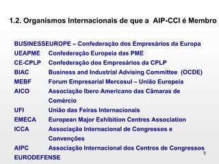 51.2. Organismos Internacionais de que a  AIP-CCI é MembroBUSINESSEUROPE – Confederação dos Empresários da EuropaUEAPME	Confederação Europeia das PMECE-CPLPConfederação dos Empresários da CPLPBIAC    	Business and Industrial AdvisingCommittee  (OCDE)MEBF     	Forum Empresarial Mercosul – União EuropeiaAICO       	Associação Ibero Americano das Câmaras de ComércioUFI          	União das Feiras InternacionaisEMECA   	European Major Exhibition Centres AssociationICCA       	Associação Internacional de Congressos e ConvençõesAIPC	Associação Internacional dos Centros de CongressosEURODEFENSE