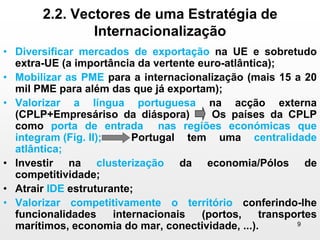 92.2. Vectores de uma Estratégia de InternacionalizaçãoDiversificar mercados de exportação na UE e sobretudo extra-UE (a importância da vertente euro-atlântica);Mobilizar as PME para a internacionalização (mais 15 a 20 mil PME para além das que já exportam);Valorizar a língua portuguesa na acção externa (CPLP+Empresáriso da diáspora)    Os países da CPLP como porta de entrada  nas regiões económicas que integram (Fig. II);	Portugal tem uma centralidade atlântica;Investir na clusterização da economia/Pólos de competitividade;Atrair IDE estruturante;Valorizar competitivamente o território conferindo-lhe funcionalidades internacionais (portos, transportes marítimos, economia do mar, conectividade, ...).