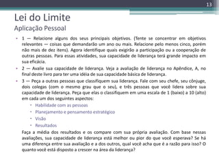 13

Lei do Limite
Aplicação Pessoal
• 1 — Relacione alguns dos seus principais objetivos. (Tente se concentrar em objetivos
relevantes — coisas que demandarão um ano ou mais. Relacione pelo menos cinco, porém
não mais de dez itens). Agora identifique quais exigirão a participação ou a cooperação de
outras pessoas. Para essas atividades, sua capacidade de liderança terá grande impacto em
sua eficácia.
• 2 — Avalie sua capacidade de liderança. Veja a avaliação de liderança no Apêndice, A, no
final deste livro para ter uma idéia de sua capacidade básica de liderança.
• 3 — Peça a outras pessoas que classifiquem sua liderança. Fale com seu chefe, seu cônjuge,
dois colegas (com o mesmo grau que o seu), e três pessoas que você lidera sobre sua
capacidade de liderança. Peça que elas o classifiquem em uma escala de 1 (baixo) a 10 (alto)
em cada um dos seguintes aspectos:
 Habilidade com as pessoas
 Planejamento e pensamento estratégico
 Visão
 Resultados
Faça a média dos resultados e os compare com sua própria avaliação. Com base nessas
avaliações, sua capacidade de liderança está melhor ou pior do que você esperava? Se há
uma diferença entre sua avaliação e a dos outros, qual você acha que é a razão para isso? O
quanto você está disposto a crescer na área da liderança?

 