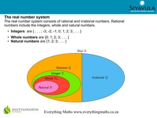 2
Everything Maths www.everythingmaths.co.za
The real number system
The real number system consists of rational and irrati...