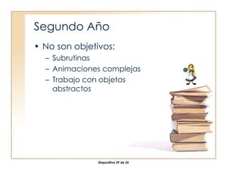 Segundo Año No son objetivos: Subrutinas Animaciones complejas Trabajo con objetos abstractos 