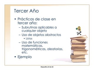 Tercer Año Prácticas de clase en tercer año: Subrutinas aplicables a cualquier objeto Uso de objetos abstractos Listas Uso de funciones matemáticas, trigonométricas, aleatorias, etc. Ejemplo 