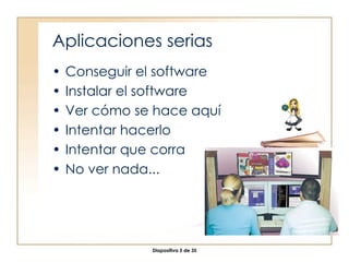 Aplicaciones serias Conseguir el software Instalar el software Ver cómo se hace aquí Intentar hacerlo Intentar que corra No ver nada... 