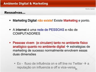 Ressalvas…

   Marketing Digital não existe! Existe Marketing e ponto.

   A internet é uma rede de PESSOAS e não de
    COMPUTADORES

   Pessoas vivem (e circulam) tanto no ambiente físico
    analógico quanto no ambiente digital  estratégias de
    marketing de sucesso normalmente envolvem essas
    duas dimensões

      Ex - fluxo de influência on e off line no Twitter  a
       reputação on influencia a off e vice-versa.31
 