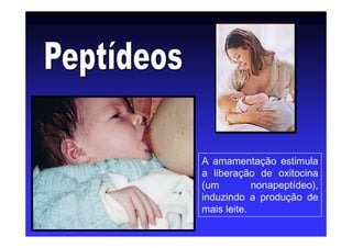 A amamentação estimula
a liberação de oxitocina
(um nonapeptídeo),
induzindo a produção de
mais leite.
 