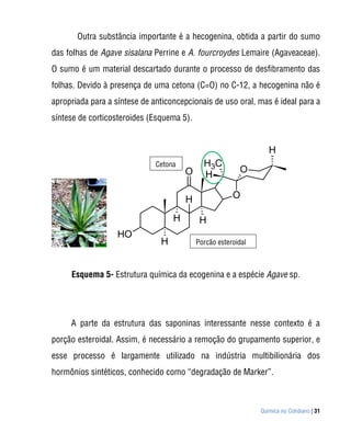 Outra substância importante é a hecogenina, obtida a partir do sumo
das folhas de Agave sisalana Perrine e A. fourcroydes Lemaire (Agaveaceae).
O sumo é um material descartado durante o processo de desfibramento das
folhas. Devido à presença de uma cetona (C=O) no C-12, a hecogenina não é
apropriada para a síntese de anticoncepcionais de uso oral, mas é ideal para a
síntese de corticosteroides (Esquema 5).


                                                                  H
                              Cetona         H3C
                                       O                  O
                                             H

                                       H               O

                                   H        H
                   HO
                               H           Porção esteroidal



     Esquema 5- Estrutura química da ecogenina e a espécie Agave sp.




     A parte da estrutura das saponinas interessante nesse contexto é a
porção esteroidal. Assim, é necessário a remoção do grupamento superior, e
esse processo é largamente utilizado na indústria multibilionária dos
hormônios sintéticos, conhecido como “degradação de Marker”.



                                                               Química no Cotidiano | 31
 