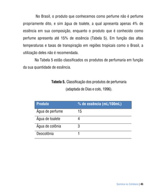 No Brasil, o produto que conhecemos como perfume não é perfume
propriamente dito, e sim água de toalete, a qual apresenta apenas 4% de
essência em sua composição, enquanto o produto que é conhecido como
perfume apresenta até 15% de essência (Tabela 5). Em função das altas
temperaturas e taxas de transpiração em regiões tropicais como o Brasil, a
utilização deles não é recomendada.
       Na Tabela 5 estão classificados os produtos de perfumaria em função
da sua quantidade de essência.


                  Tabela 5. Classificação dos produtos de perfumaria
                           (adaptada de Dias e cols, 1996).


        Produto                    % de essência (mL/100mL)
        Água de perfume            15
        Água de toalete            4
        Água de colônia            3
        Deocolônia                 1




                                                              Química no Cotidiano | 45
 