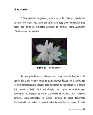 OE de jasmim


       O óleo essencial de jasmim, junto com o de rosas, é considerado
como um dos mais importantes em perfumaria. Esse óleo é comercialmente
obtido das flores de diferentes espécies de jasmins, como Jasminum
officinale e suas variedades.




                          Figura 13- Flor do jasmim


       As principais técnicas utilizadas para a extração da fragrância de
jasmim são a extração por solvente e a enfleurage (Figura 14). A enfleurage
foi uma técnica bastante utilizada para a extração de fragrâncias até o século
XIX, quando o início da industrialização deu origem às técnicas que
viabilizaram a obtenção de maior quantidade de essência. Esse método
consiste, tradicionalmente, em utilizar gordura de porco totalmente
desodorizada para extrair os constituintes importantes do aroma. É mais

                                                            Química no Cotidiano | 53
 