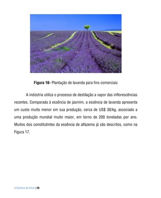 Figura 16- Plantação de lavanda para fins comerciais


          A indústria utiliza o processo de destilação a vapor das inflorescências
recentes. Comparada à essência de jasmim, a essência de lavanda apresenta
um custo muito menor em sua produção, cerca de US$ 30/kg, associado a
uma produção mundial muito maior, em torno de 200 toneladas por ano.
Muitos dos constitutintes da essência de alfazema já são descritos, como na
Figura 17.




A Química do Amor | 56
 