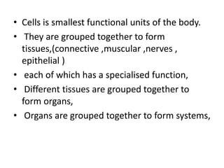 • Cells is smallest functional units of the body.
• They are grouped together to form
tissues,(connective ,muscular ,nerves ,
epithelial )
• each of which has a specialised function,
• Different tissues are grouped together to
form organs,
• Organs are grouped together to form systems,
 