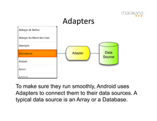 Adapters
                         	
  


                      Adapter       Data
                                   Source




To make sure they run smoothly, Android uses
Adapters to connect them to their data sources. A
typical data source is an Array or a Database.
 