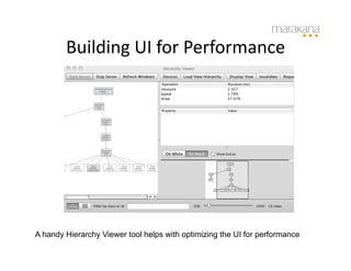 Building	
  UI	
  for	
  Performance	
  




A handy Hierarchy Viewer tool helps with optimizing the UI for performance
 