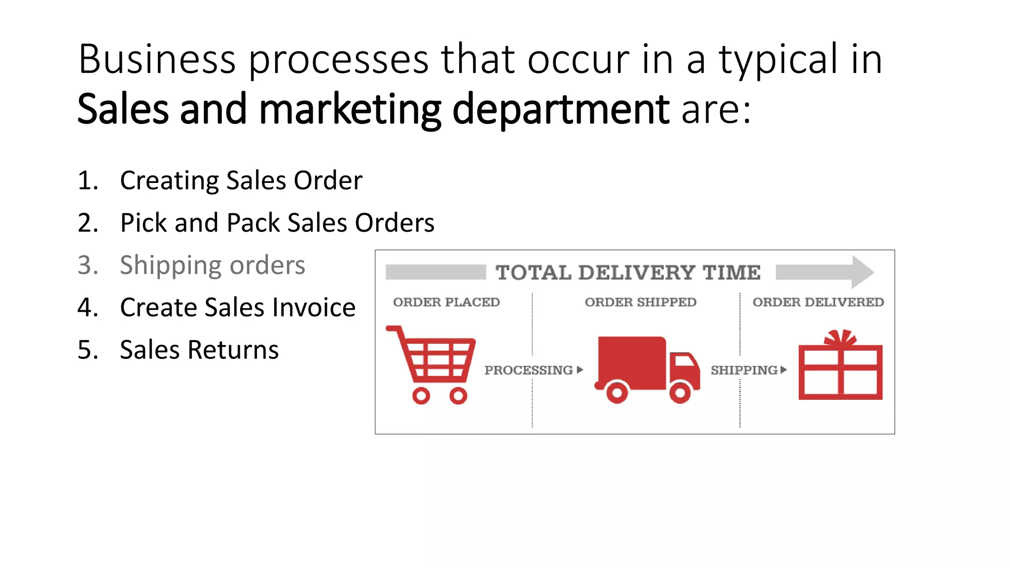 Business processes that occur in a typical in
Sales and marketing department are:
1. Creating Sales Order
2. Pick and Pack Sales Orders
3. Shipping orders
4. Create Sales Invoice
5. Sales Returns
 