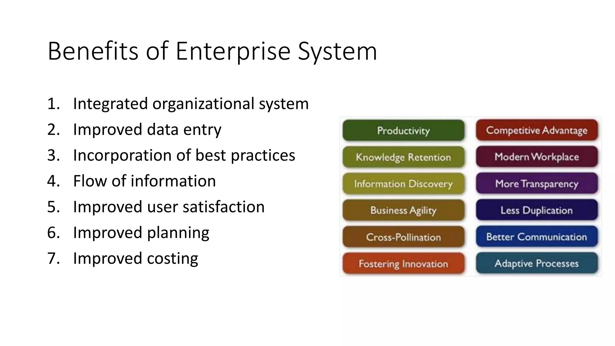 Benefits of Enterprise System
1. Integrated organizational system
2. Improved data entry
3. Incorporation of best practices
4. Flow of information
5. Improved user satisfaction
6. Improved planning
7. Improved costing
 