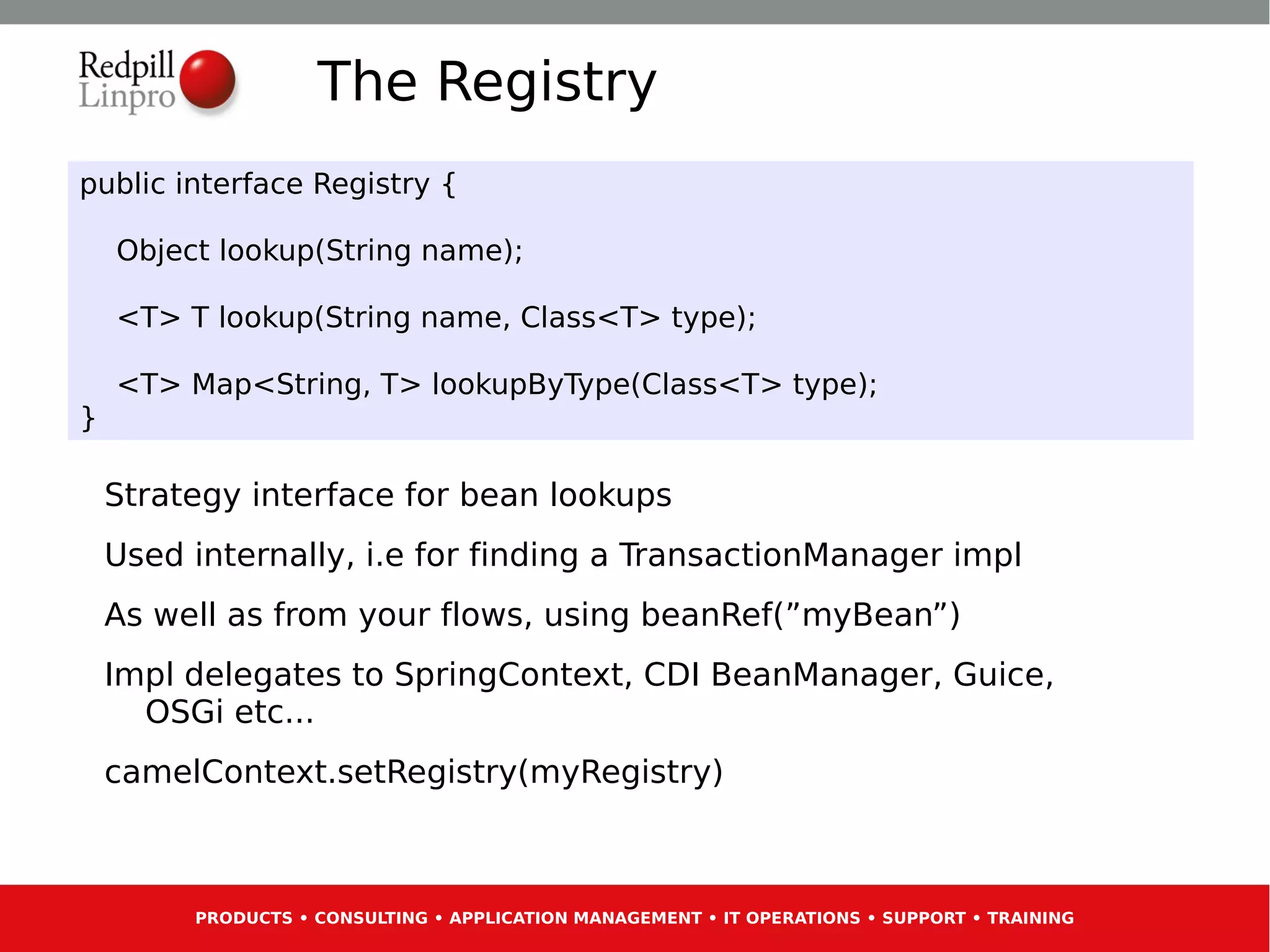 The Registry
public interface Registry {

    Object lookup(String name);

    <T> T lookup(String name, Class<T> type);

    <T> Map<String, T> lookupByType(Class<T> type);
}

    Strategy interface for bean lookups
    Used internally, i.e for finding a TransactionManager impl
    As well as from your flows, using beanRef(”myBean”)
    Impl delegates to SpringContext, CDI BeanManager, Guice,
      OSGi etc...
    camelContext.setRegistry(myRegistry)



         PRODUCTS • CONSULTING • APPLICATION MANAGEMENT • IT OPERATIONS • SUPPORT • TRAINING
 