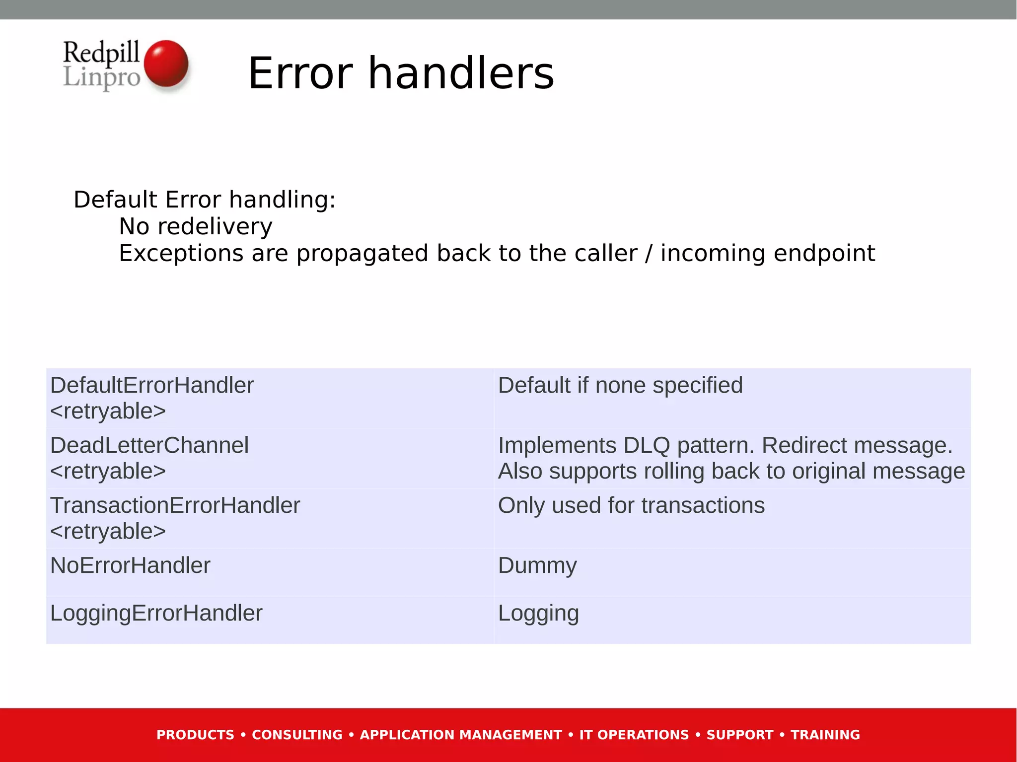 Error handlers

  Default Error handling:
     No redelivery
     Exceptions are propagated back to the caller / incoming endpoint




DefaultErrorHandler                              Default if none specified
<retryable>
DeadLetterChannel                                Implements DLQ pattern. Redirect message.
<retryable>                                      Also supports rolling back to original message
TransactionErrorHandler                          Only used for transactions
<retryable>
NoErrorHandler                                   Dummy

LoggingErrorHandler                              Logging




         PRODUCTS • CONSULTING • APPLICATION MANAGEMENT • IT OPERATIONS • SUPPORT • TRAINING
 