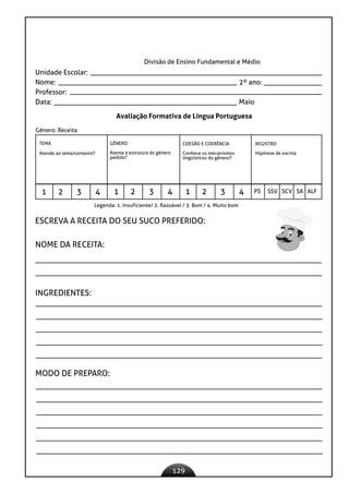 129
Divisão de Ensino Fundamental e Médio
Unidade Escolar:
Nome: 2º ano:
Professor:
Data: 					 Maio
Avaliação Formativa de Língua Portuguesa
Gênero: Receita
ESCREVA A RECEITA DO SEU SUCO PREFERIDO:
NOME DA RECEITA:
INGREDIENTES:
MODO DE PREPARO:
TEMA
Atende ao tema/contexto?
GÊNERO
Atente à estrutura do gênero
pedido?
COESÃO E COERÊNCIA
Conhece os mecanismos
lingüísticos do gênero?
REGISTRO
Hipótese de escrita
1 2 3 4 1 2 3 4 1 2 3 4 PS SSV SCV SA ALF
Legenda: 1. Insuficiente/ 2. Razoável / 3. Bom / 4. Muito bom
 