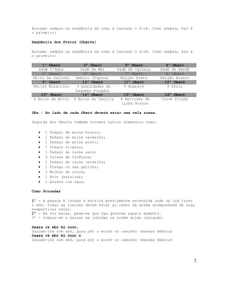 Arrumar sempre na seqüência de como é cantado o Siré. Como sempre, Esù é
o primeiro:

Seqüência dos Pratos (Oberós)

Arrumar sempre na seqüência de como é cantado o Siré. Como sempre, Esù é
o primeiro:

     1º Oberó              2º Oberó          3º Oberó         4º Oberó
   Padê D'Água           Padê De Mel    Padê De Cachaça    Padê De Dendê
     5º Oberó              6º Oberó          7º Oberó         8º Oberó
Milho De Galinha      Deburu (Pipoca)     Feijão Preto     Feijão Branco
     9º Oberó             10º Oberó         11º Oberó        12º Oberó
Feijão Mulatinho       9 Qualidades De      9 Acarajé          9 Ekuru
                      Legumes Picados
    13º Oberó             14º Oberó         15º Oberó        16º Oberó
9 Bolos De Arroz     9 Bolos De Canjica   9 Retroses De    Couve Picada
                                           Linha Branca

Obs : Ao lado de cada Oberó deverá estar uma vela acesa.

Seguido dos Oberós também teremos outros elementos como:

   •   1   Pedaço de morim branco;
   •   1   Pedaço de morim vermelho;
   •   1   Pedaço de morim preto;
   •   7   Pregos virgens;
   •   1   Pedaço de carne seca;
   •   9   Caixas de fósforos;
   •   1   Pedaço de carne vermelha;
   •   1   Frango ou uma galinha;
   •   2   Molhos de couve;
   •   1   Enin (esteira);
   •   1   Quarta com água.

Como Proceder

1º - A pessoa é levada à esteira previamente estendida onde se irá fazer
o ebó. Todas as comidas devem estar ao redor da mesma acompanhada de suas
respectivas velas.
2º - Em voz baixa, pede-se que Oya governe aquele momento.
3º - Começa-se a passar as comidas na ordem acima cantando:

Saara rè ebó kú ònòn,
Sacudo-lhe com ebó, para pôr a morte no caminho (mandar embora)
Saara ré ebó kú ònòn ó
Sacudo-lhe com ebó, para pôr a morte no caminho (mandar embora)




                                                                           2
 