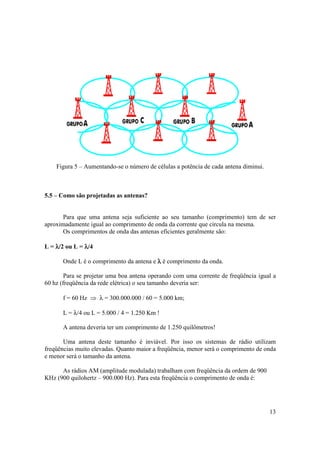 13
Figura 5 – Aumentando-se o número de células a potência de cada antena diminui.
5.5 – Como são projetadas as antenas?
Para que uma antena seja suficiente ao seu tamanho (comprimento) tem de ser
aproximadamente igual ao comprimento de onda da corrente que circula na mesma.
Os comprimentos de onda das antenas eficientes geralmente são:
L = λλλλ/2 ou L = λλλλ/4
Onde L é o comprimento da antena e λλλλ é comprimento da onda.
Para se projetar uma boa antena operando com uma corrente de freqüência igual a
60 hz (freqüência da rede elétrica) o seu tamanho deveria ser:
f = 60 Hz ⇒ λ = 300.000.000 / 60 = 5.000 km;
L = λ/4 ou L = 5.000 / 4 = 1.250 Km !
A antena deveria ter um comprimento de 1.250 quilômetros!
Uma antena deste tamanho é inviável. Por isso os sistemas de rádio utilizam
freqüências muito elevadas. Quanto maior a freqüência, menor será o comprimento de onda
e menor será o tamanho da antena.
As rádios AM (amplitude modulada) trabalham com freqüência da ordem de 900
KHz (900 quilohertz – 900.000 Hz). Para esta freqüência o comprimento de onda é:
 