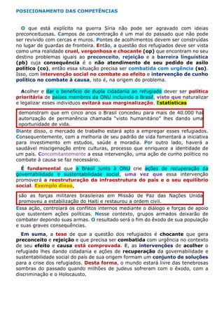 POSICIONAMENTO DAS COMPETÊNCIAS
O que está explícito na guerra Síria não pode ser agravado com ideias
preconceituosas. Campos de concentração é um mal do passado que não pode
ser revivido com cercas e muros. Pontes de acolhimentos devem ser construídas
no lugar de guardas de fronteira. Então, a questão dos refugiados deve ser vista
como uma realidade cruel, vergonhosa e chocante (op) que encontram no seu
destino problemas iguais ao preconceito, rejeição e a barreira linguística
(pb) cuja consequência é o não atendimento de seu pedido de asilo
político (co), então essa situação precisa ser combatida com urgência (so).
Isso, com intervenção social no combate ao efeito e intervenção de cunho
político no combate à causa, isto é, na origem do problema.
Acolher e dar o benefício de dupla cidadania ao refugiado dever ser política
prioritária de países membros da ONU incluindo o Brasil, visto que naturalizar
e legalizar esses indivíduos evitará sua marginalização. Estatísticas
demonstram que em cinco anos o Brasil concedeu para mais de 40.000 haitianos
autorização de permanência chamada “visto humanitário” lhes dando uma nova
oportunidade de vida.
Diante disso, o mercado de trabalho estará apto a empregar esses refugiados.
Consequentemente, com a melhoria de seu padrão de vida fomentará a iniciativa
para investimento em estudos, saúde e moradia. Por outro lado, haverá a
saudável miscigenação entre culturas, processo que enriquece a identidade de
um país. Concomitantemente a essa intervenção, uma ação de cunho político no
combate à causa se faz necessário.
É fundamental que o Brasil junto à ONU crie ações de recuperação da
governabilidade e sustentabilidade social, uma vez que essa intervenção
promoverá a reestruturação da infraestrutura do país e o seu equilíbrio
social. Exemplo disso,
são as forças militares brasileiras em Missão de Paz das Nações Unidas
promoveu a estabilização do Haiti e restaurou a ordem civil.
Essa ação, controlará os conflitos internos mediante o diálogo e forças de apoio
que sustentem ações políticas. Nesse contexto, grupos armados deixarão de
combater depondo suas armas. O resultado será o fim do êxodo de sua população
e suas graves consequências.
Em suma, a tese de que a questão dos refugiados é chocante que gera
preconceito e rejeição e que precisa ser combatida com urgência no contexto
de seu efeito e causa está comprovada. E, as intervenções de acolher o
refugiado lhes dando cidadania e ações de recuperação da governabilidade e
sustentabilidade social do país de sua origem formam um conjunto de soluções
para a crise dos refugiados. Desta forma, o mundo estará livre das tenebrosas
sombras do passado quando milhões de judeus sofreram com o êxodo, com a
discriminação e o Holocausto.
 