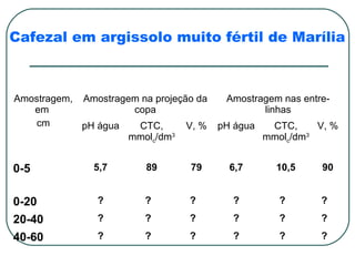 Cafezal em argissolo muito fértil de Marília



Amostragem, Amostragem na projeção da    Amostragem nas entre-
   em                 copa                      linhas
    cm      pH água    CTC,      V, %   pH água    CTC,     V, %
                     mmolc/dm3                    mmolc/dm3


0-5            5,7       89      79       6,7       10,5     90


0-20            ?        ?       ?        ?          ?      ?
20-40           ?        ?       ?        ?          ?      ?
40-60           ?        ?       ?        ?          ?      ?
 